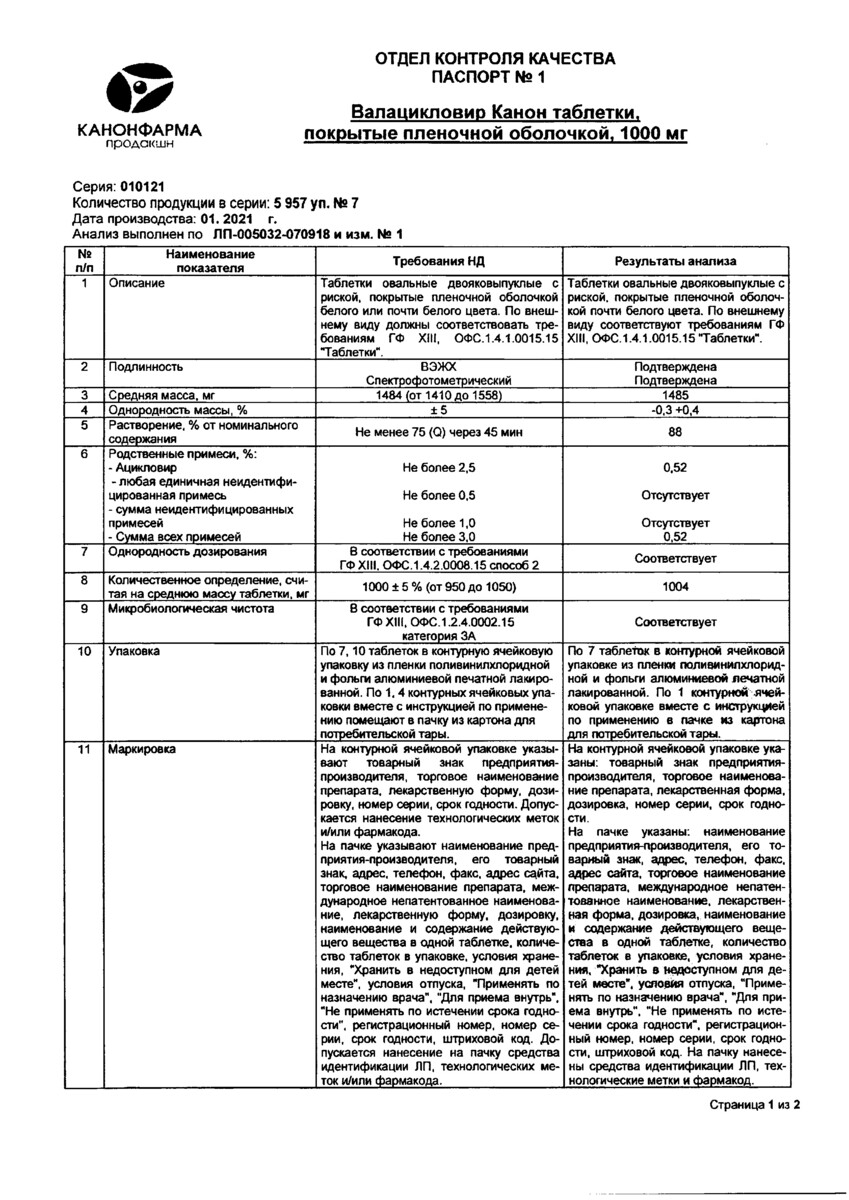 Сертификат на Валацикловир Канон, таблетки покрыт. плен. об. 1000 мг, 7 шт. Сертификат на Валацикловир Канон, таблетки покрыт. плен. об. 1000 мг, 7 шт.