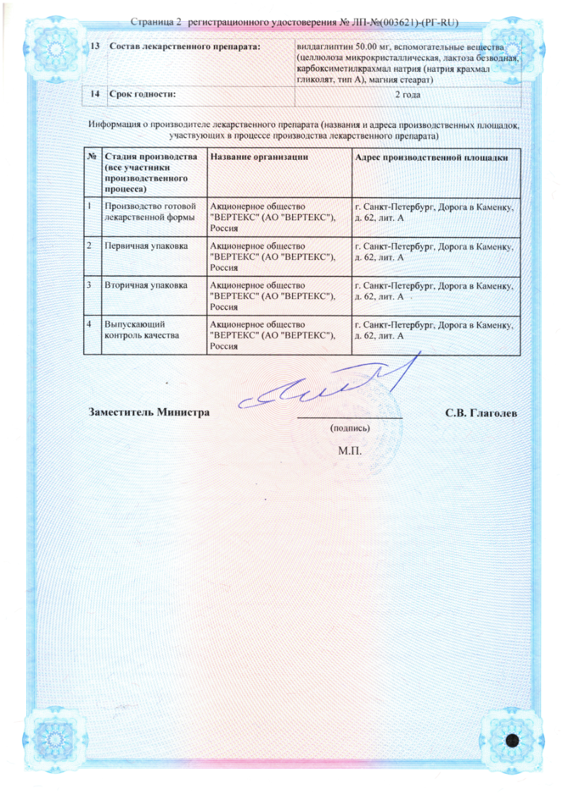 Сертификат на Вилдаглиптин-Вертекс, таблетки, 50 мг, 28 шт.