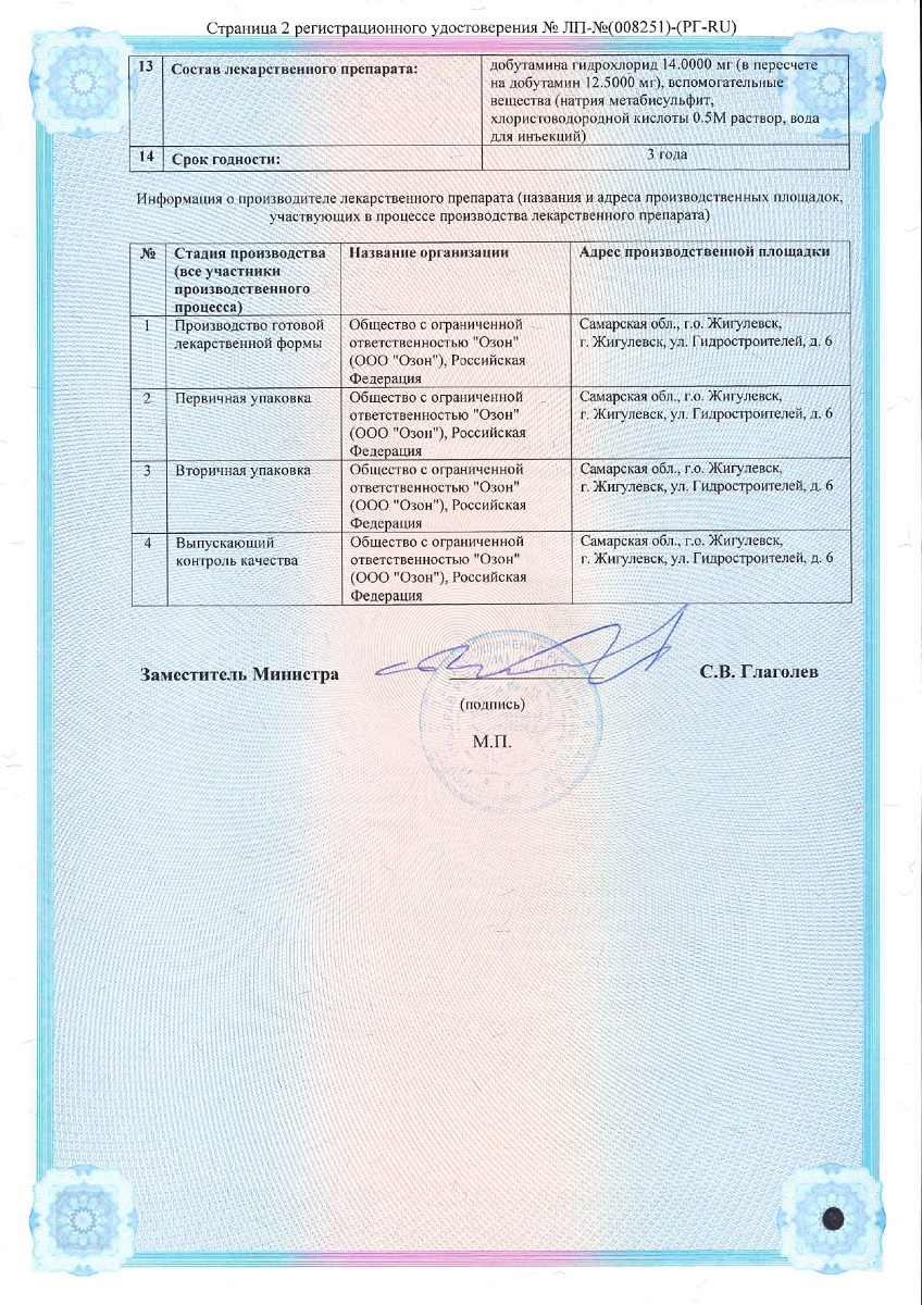 Сертификат на Добутамин, конц д/р-ра д/инфуз 12,5 мг/мл ампулы 10 мл, 10 шт. Сертификат на Добутамин, конц д/р-ра д/инфуз 12,5 мг/мл ампулы 10 мл, 10 шт.