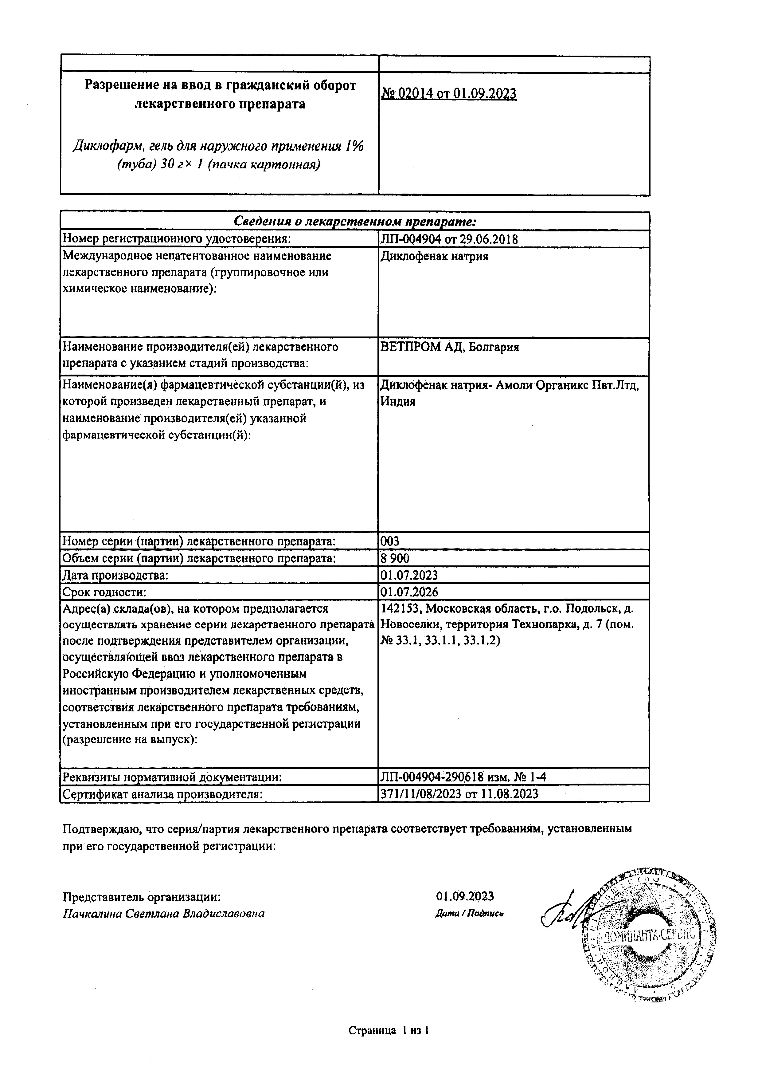 Сертификат на Диклофарм, гель для наружного применения 1 %, 30 г