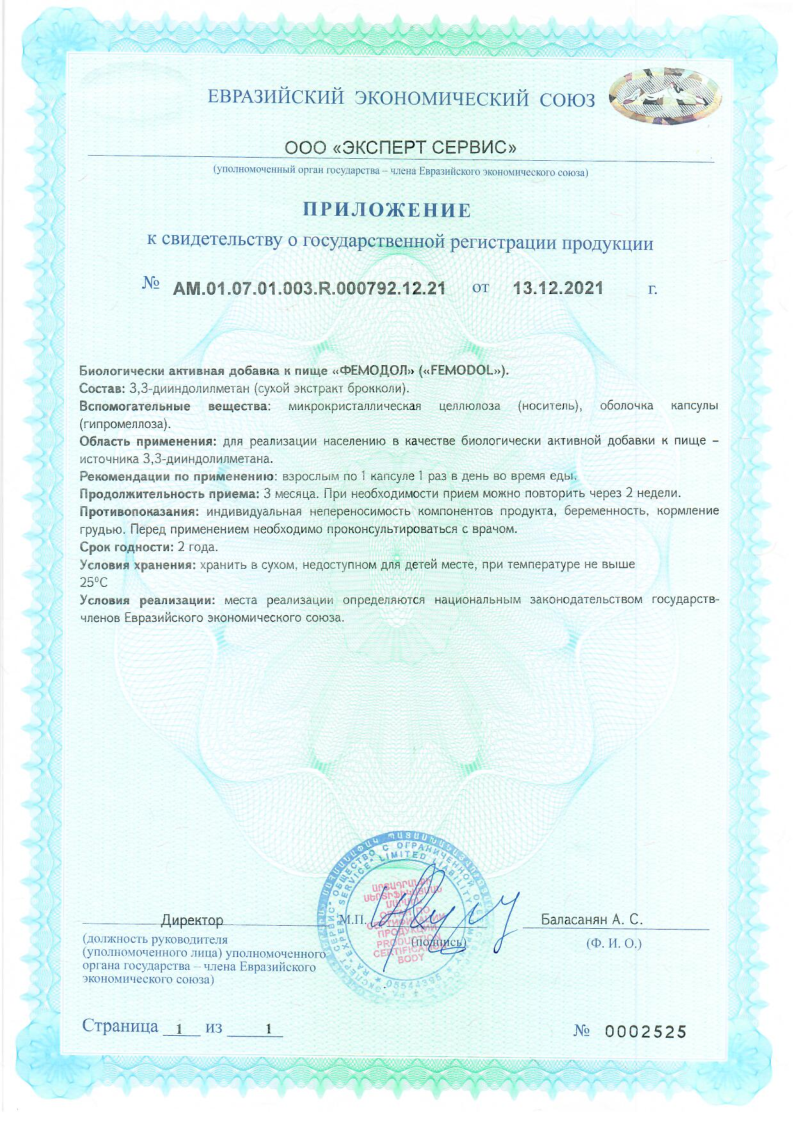 Сертификат Фемодол Сертификат Фемодол