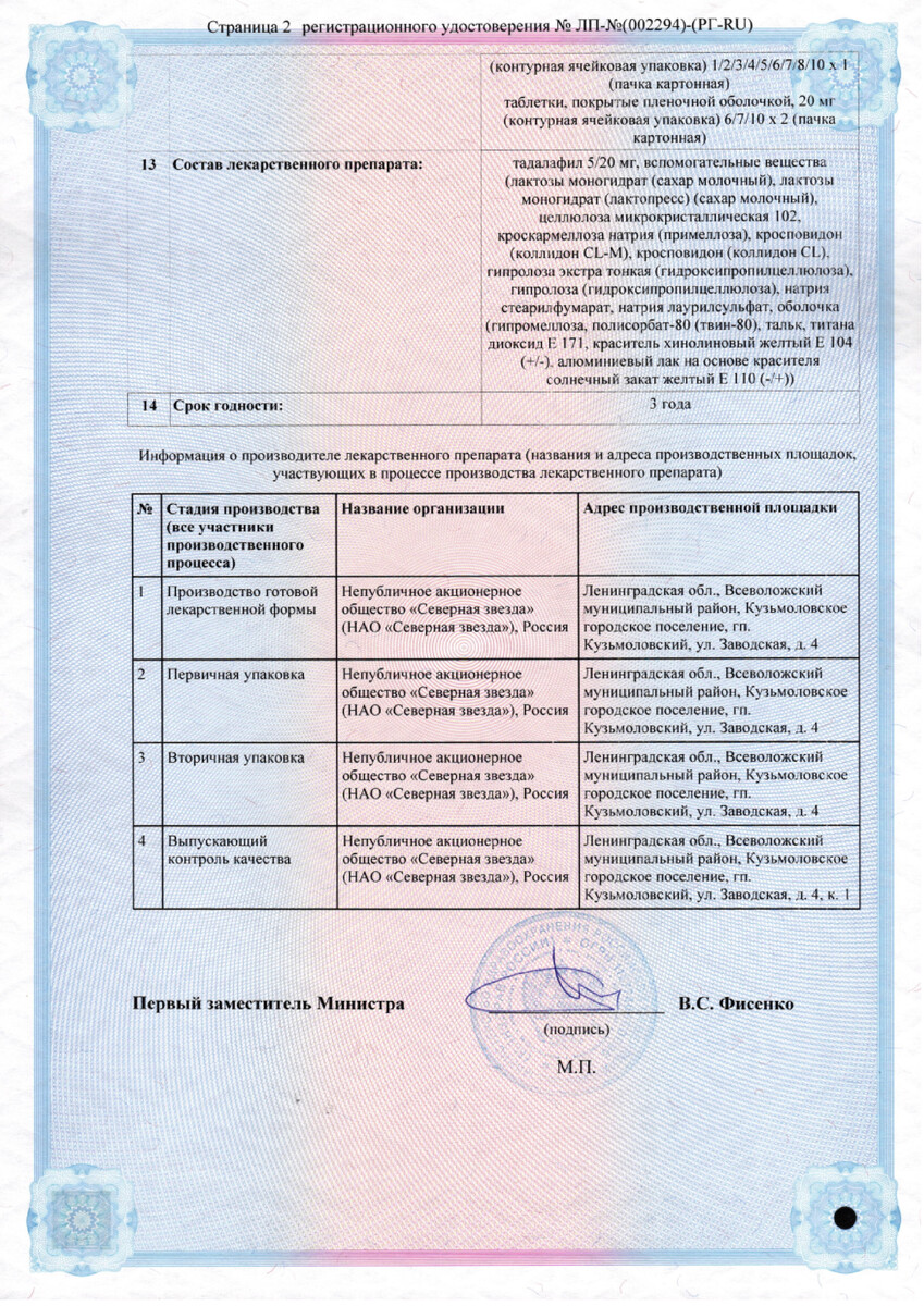 Сертификат на Тадалафил-СЗ, таблетки покрыт. плен. об. 20 мг, 4 шт.