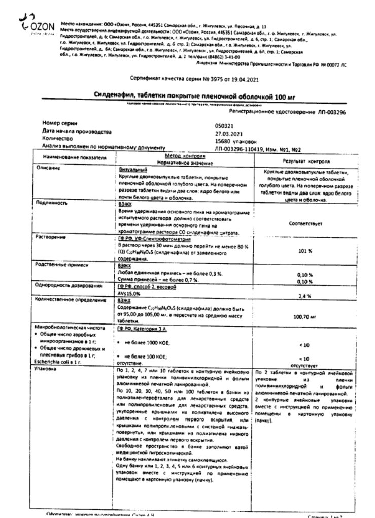 Сертификат на Силденафил, таблетки покрыт. плен. об. 100 мг, 4 шт.