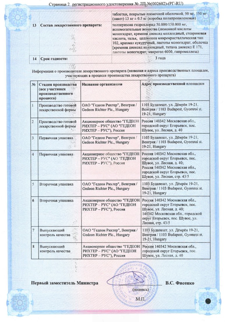 Сертификат на Мидокалм, таблетки 150 мг, 30 шт. Сертификат на Мидокалм, таблетки 150 мг, 30 шт.
