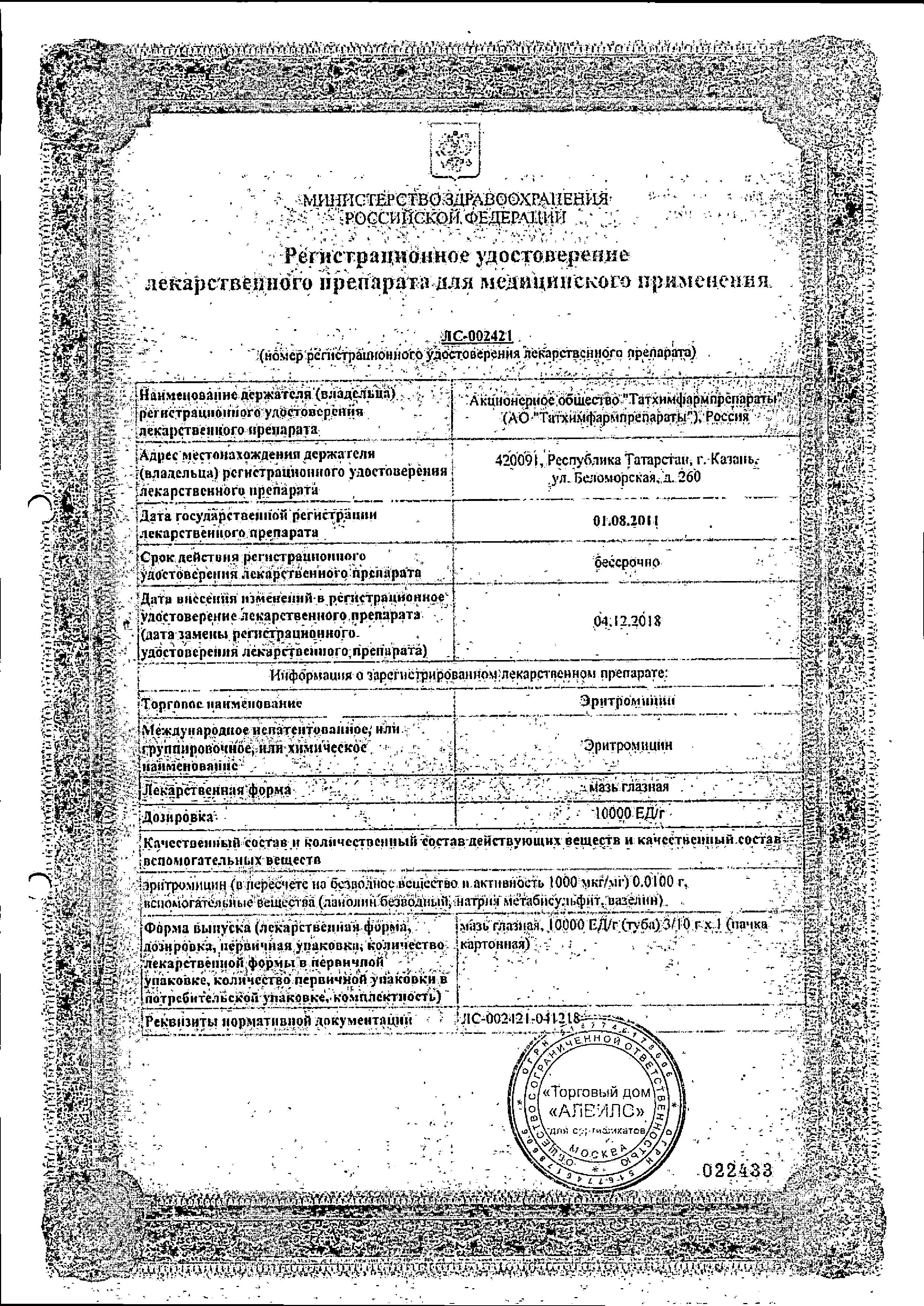 Сертификат на Эритромицин, мазь глазная 10000 ед/г, 10 г