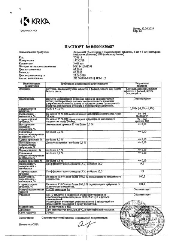 Сертификат на Дальнева, таблетки 5 мг+8 мг, 90 шт. Сертификат на Дальнева, таблетки 5 мг+8 мг, 90 шт.