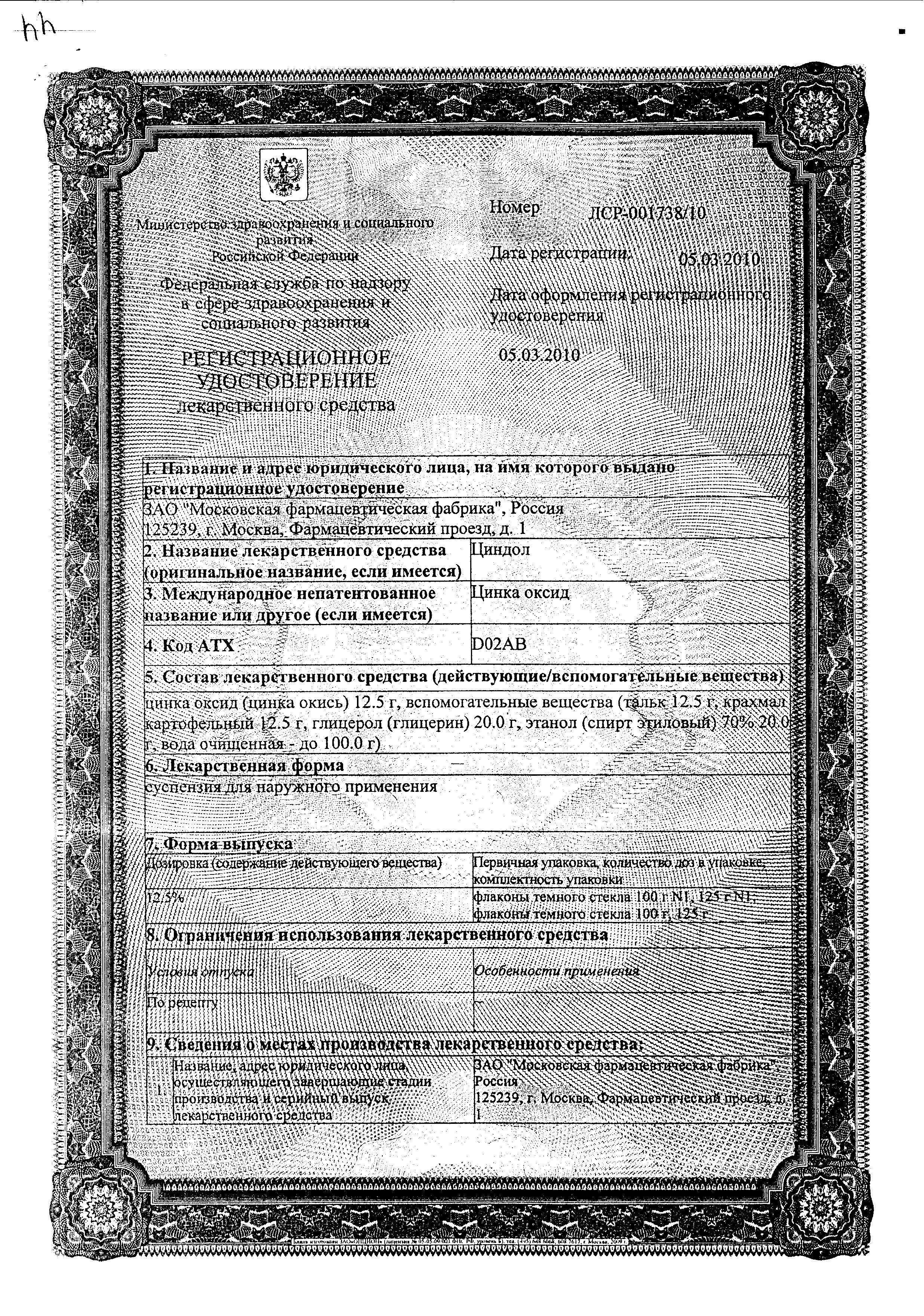Сертификат Циндол Сертификат Циндол