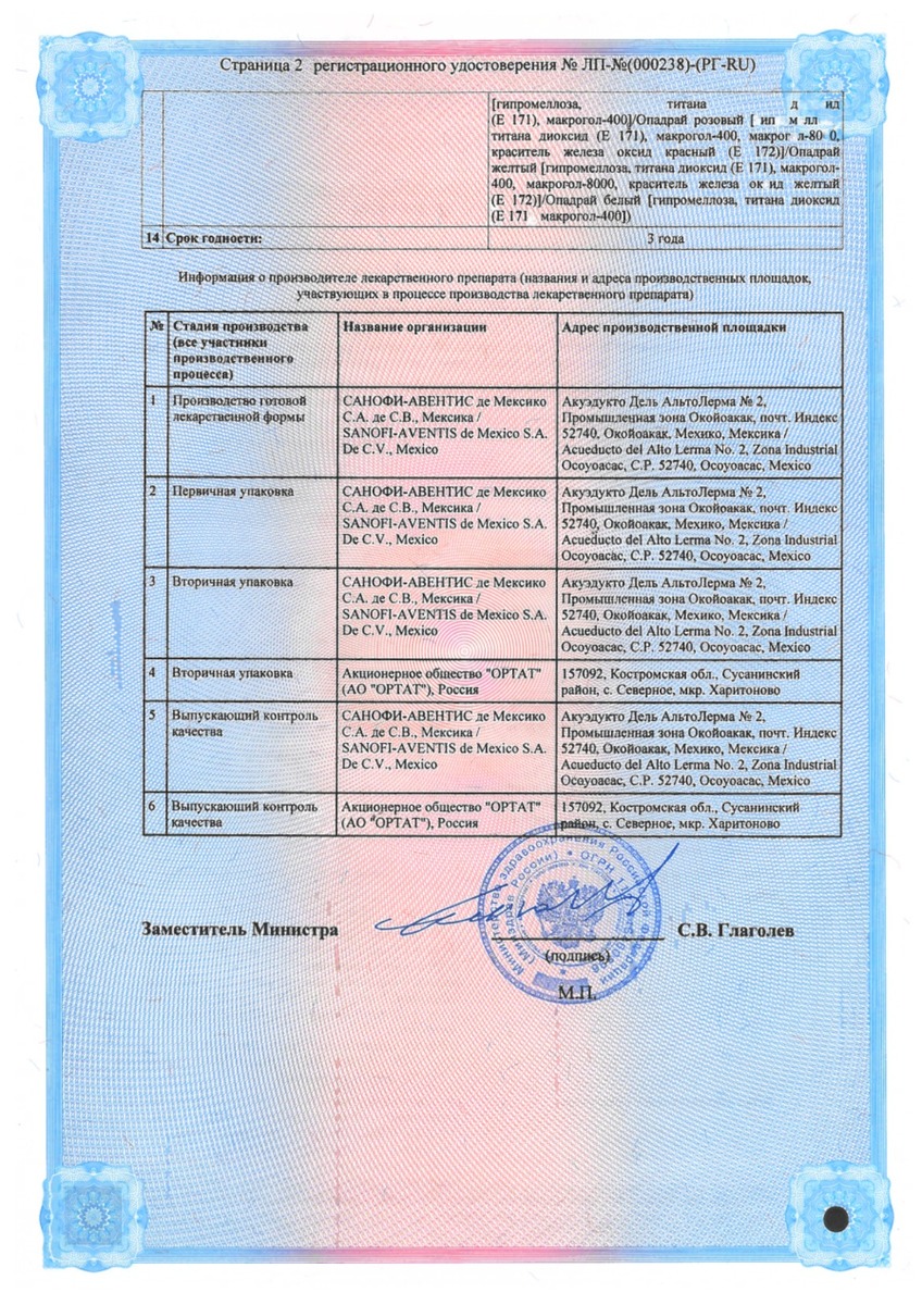 Сертификат на Апроваск, таблетки покрыт. плен. об. 5 мг+300 мг, 28 шт.