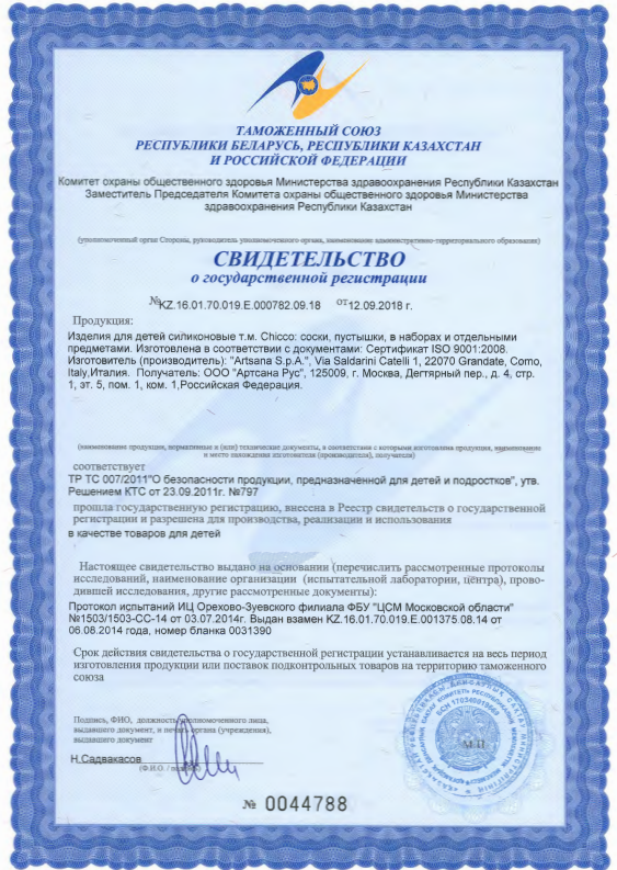 Сертификат на Соски, пустышки, ниблеры