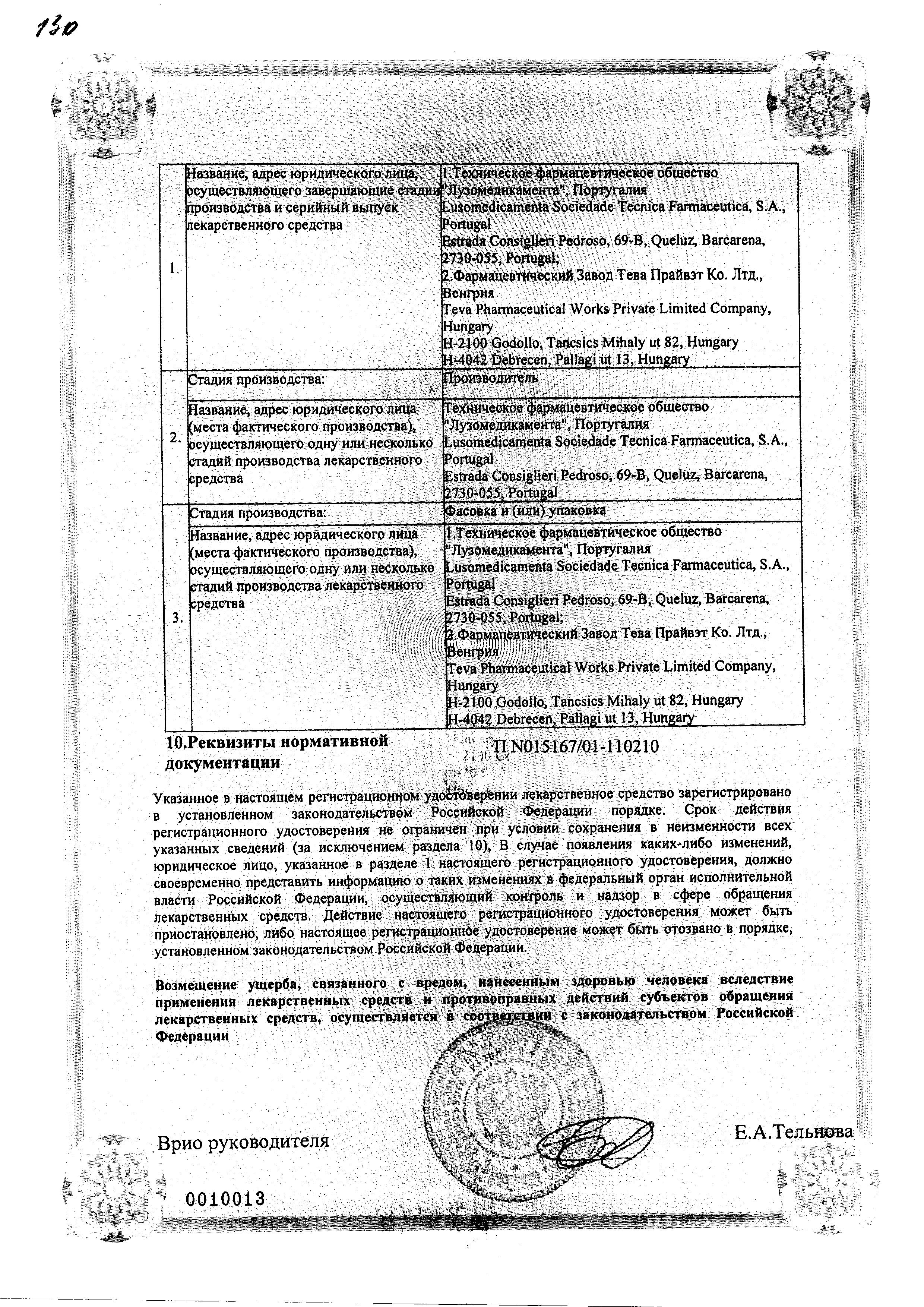 Сертификат на Изопринозин, таблетки 500 мг, 20 шт.