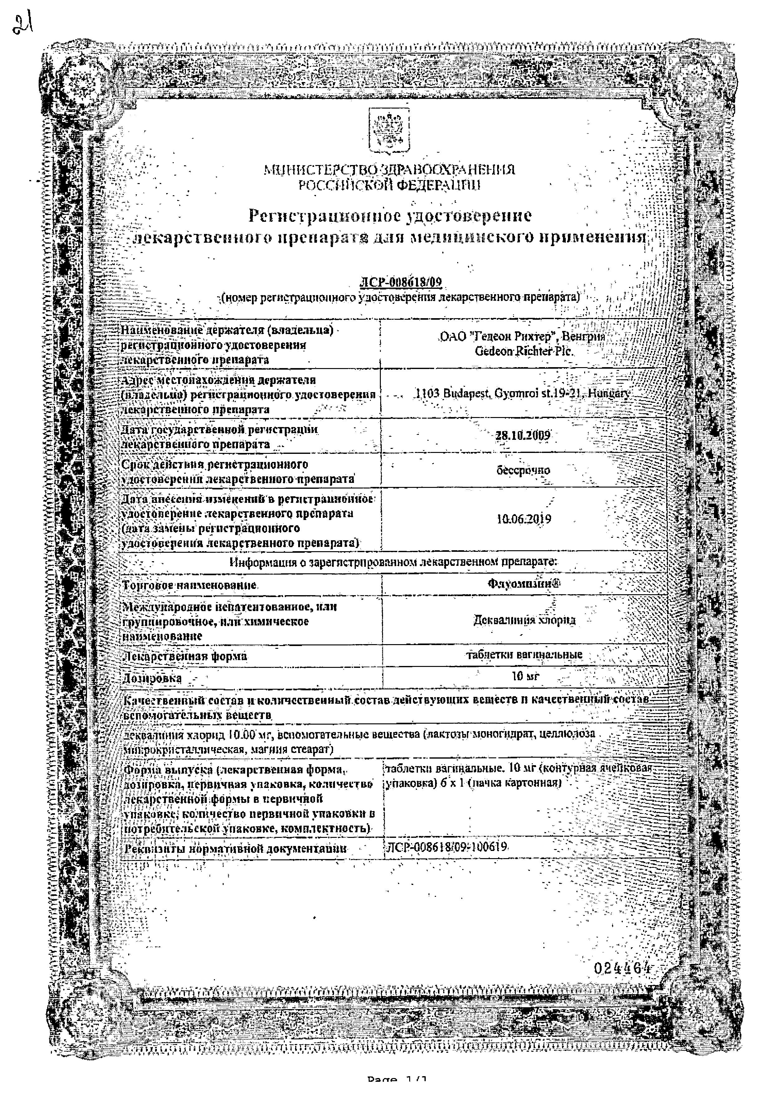 Сертификат Флуомизин Сертификат Флуомизин