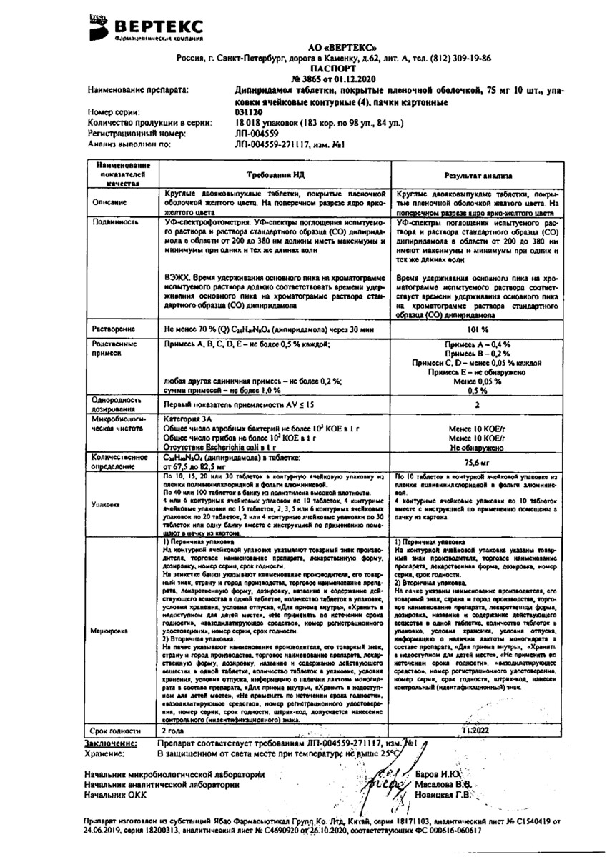 Сертификат Дипиридамол Сертификат Дипиридамол