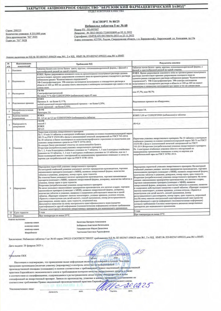Сертификат Небиволол