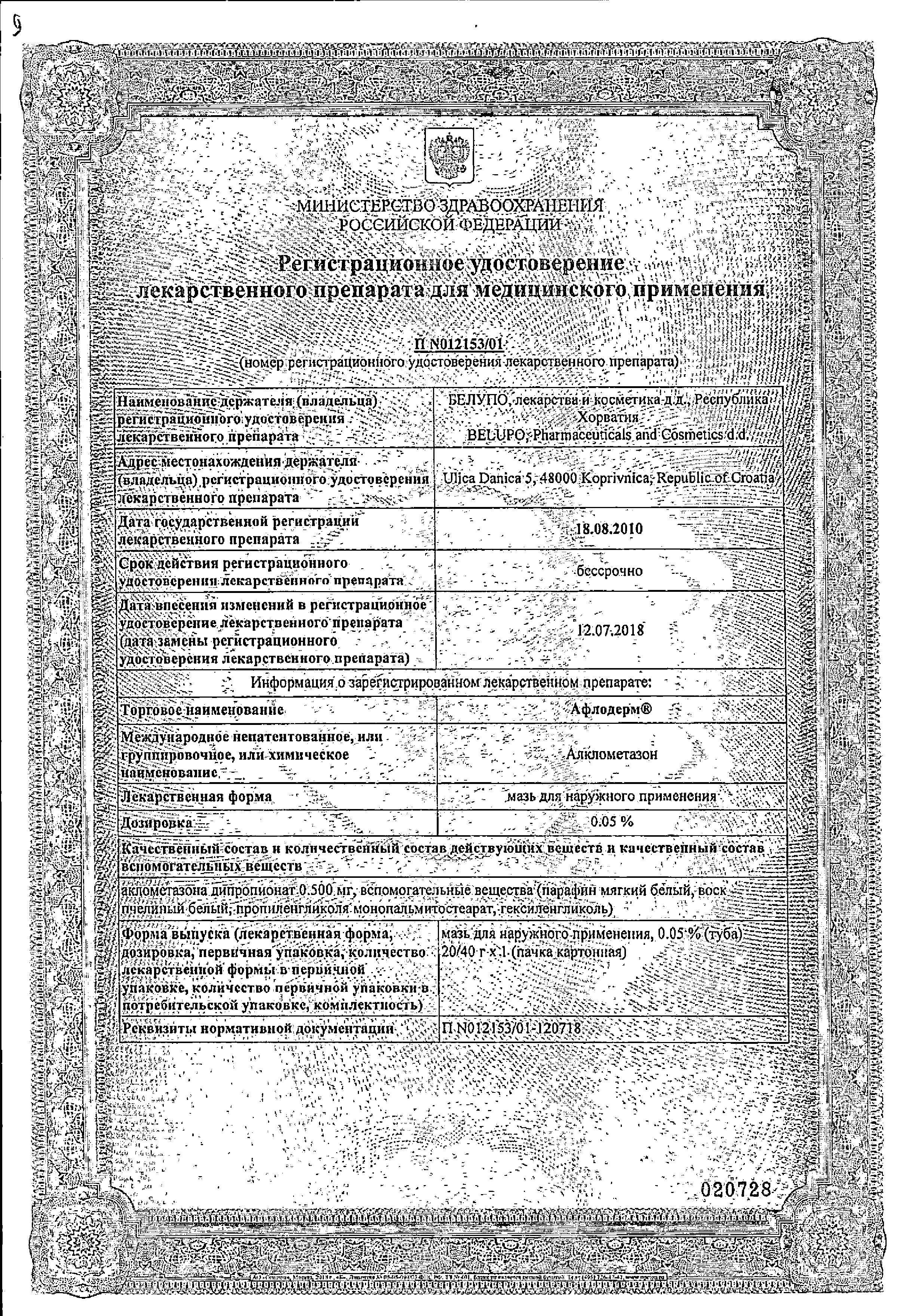 Сертификат Афлодерм Сертификат Афлодерм