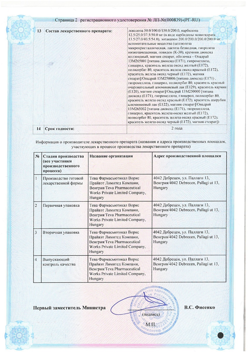 Сертификат Леводопа-Карбидопа-Энтакапон-Тева