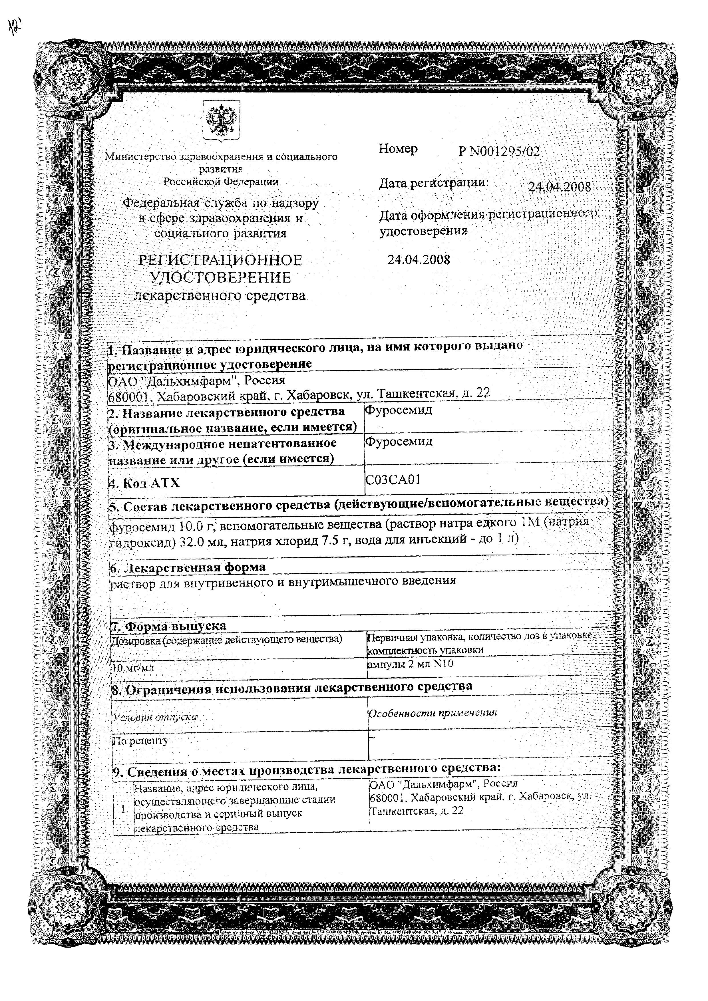Сертификат Фуросемид